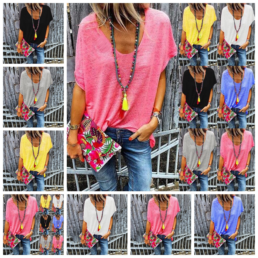 2021 European solid color V-neck short-sleeved T-shirt bottoming shirt black gray red yellow white blue support mixed batch