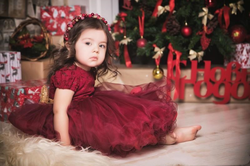 Dark Red Puffy Ball Gown Flower Girl Dresses Short Sleeves Lace Knee Length First Holy Communion Dress Girls Pageant Gowns with Sequined Bow