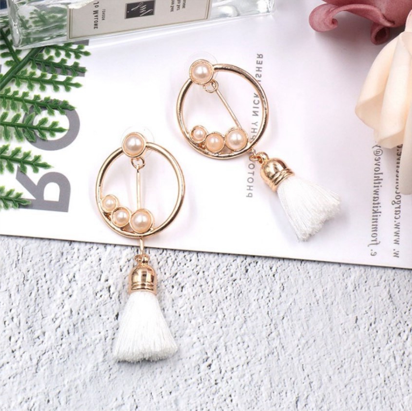 Long fringed earrings round with pearl diamond accessories female dress cocktail wedding earrings
