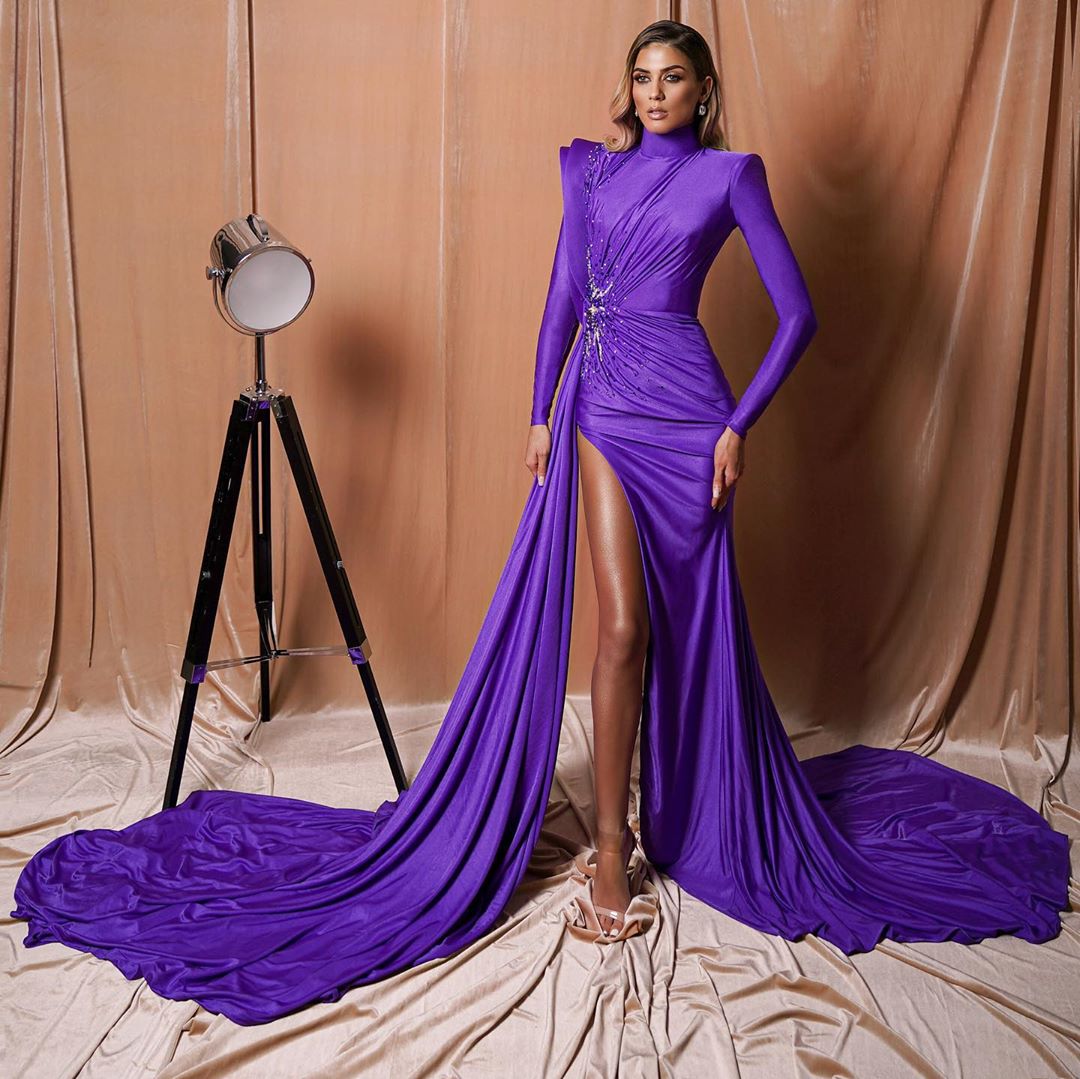 purple prom dresses high collar long sleeve evening dresses sexy ruffles side split party wear