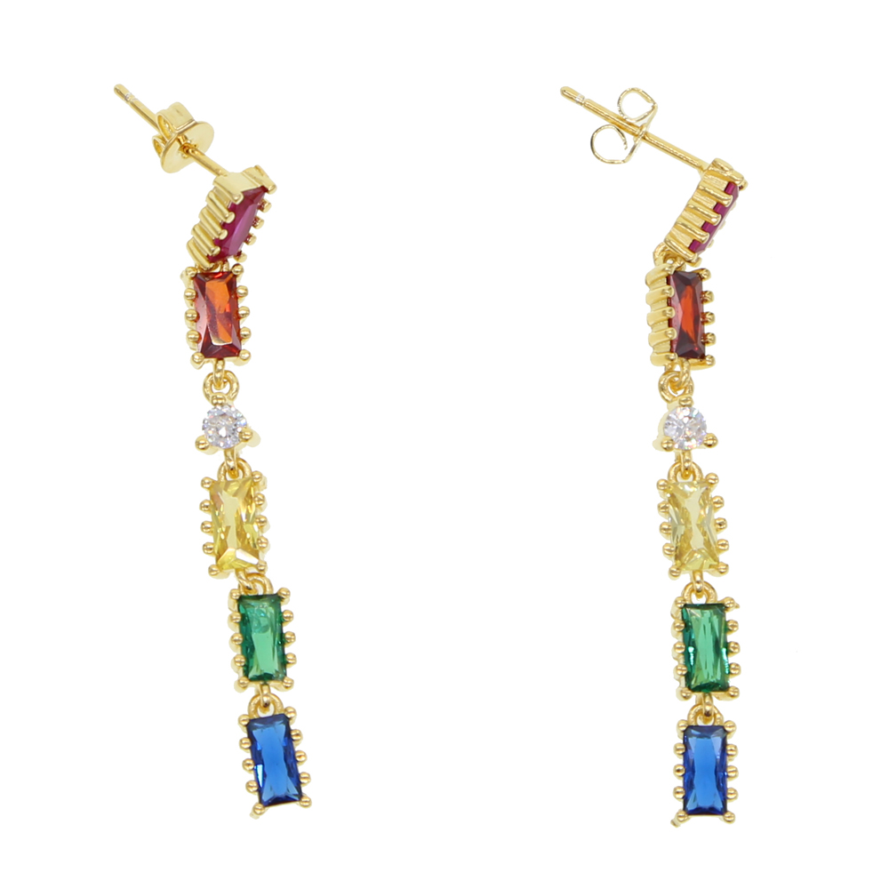 long tassel drop earring rainbow baguette cz link chain geometric fashion gorgeous women jewelry