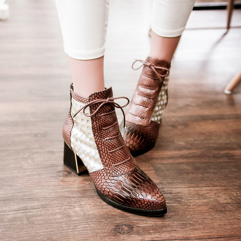 Hot Sale- Ankle Boot Snake Print Cross Tie Hoof High Heels Short Boots Pointed Toe Spring Boots Shoes Winter Woman Shoe