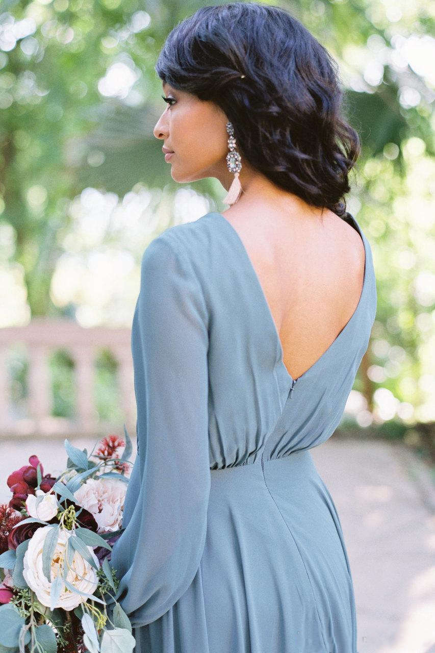 Romantic Bohemian Bridesmaid Long Sleeve Boho Wedding Guest Dress Chiffon Gowns Maid Of Honor Dresses For Weddings V Neck Plus Size 0510