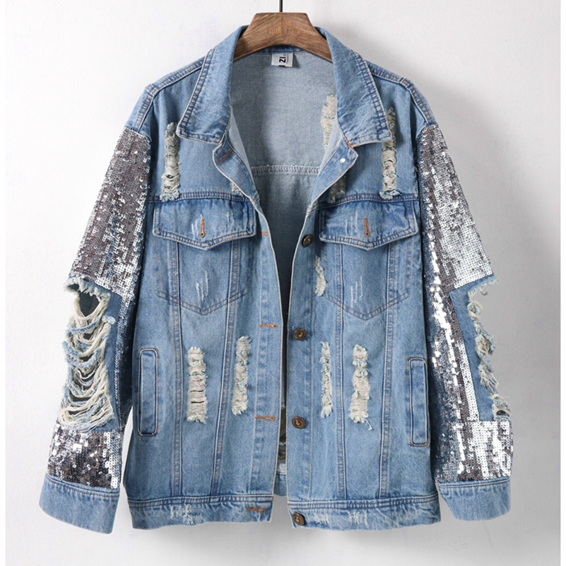 Mexemara Fashion The New Heavy Work Sequin Loose Hole Denim Jacket Free Ship