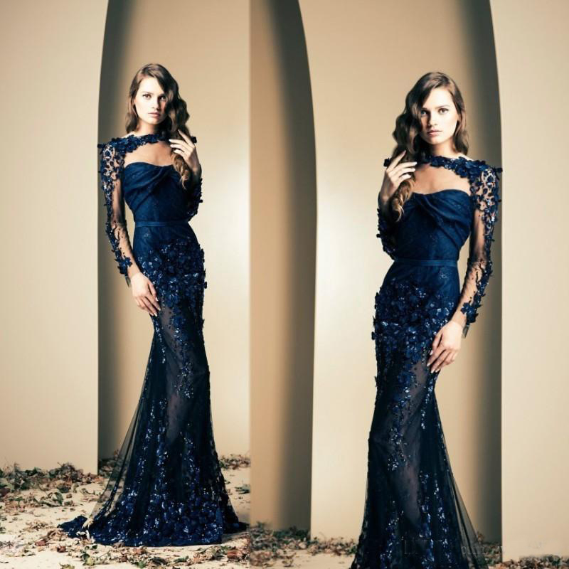 Navy Blue Ziad Nakad Celebrity Evening Dresses See Through Long Sleeves Appliques Evening Gowns Mermaid Prom Dresses Party Wear