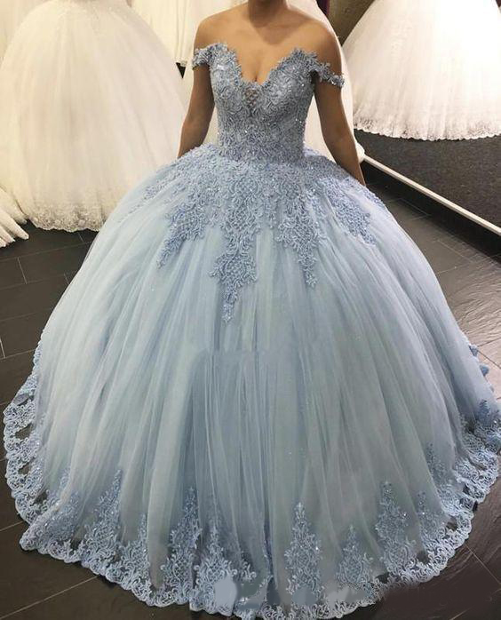 2020 Quinceanera Dresses Ball Gown Off Shoulder Lace Applique Sweet 16 Gowns Sweep Train Backless Prom Party Gowns