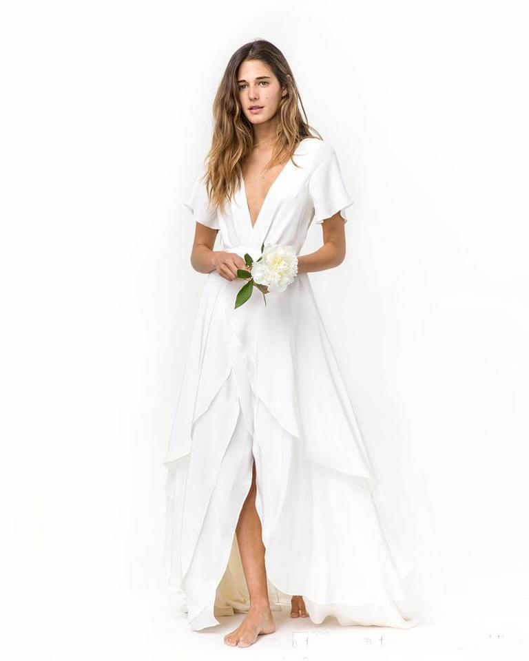 Slits Romantic Beach bohemian Wedding Dresses Cheap Short Sleeves Deep V Neck Chiffon Bridal Gowns Summer Wedding Gowns