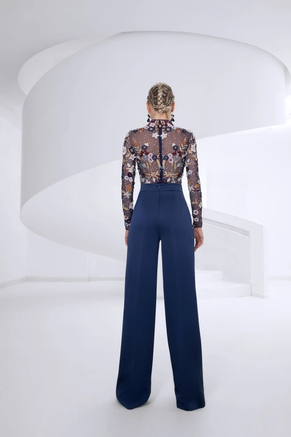 Fashion Women Jumpsuits High Neck Lace Appliques Long Sleeve Pants Suit Prom Dresses Custom Made Designer Evening Gowns