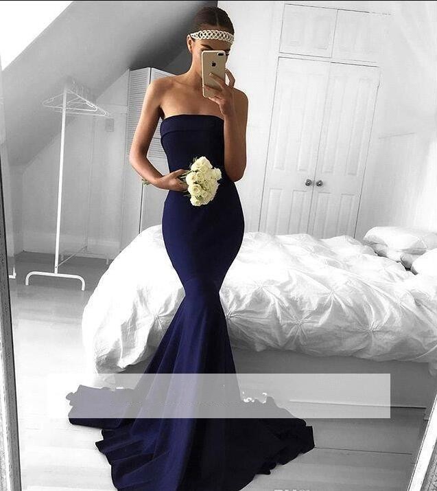 Navy blue Mermaid Prom Dress 2019 stain New Sheath Strapless Evening Formal Party Gown Sexy Vintage Pageant Gown Vestidos floor length