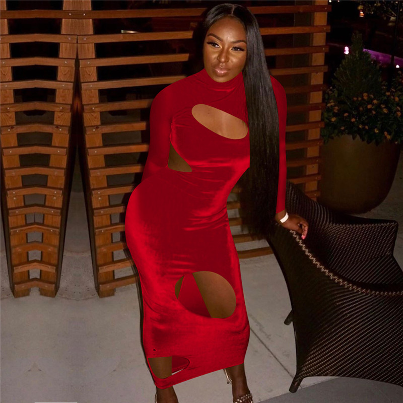Women pleuche Velvet long sleeve one-piece dress sexy solid color package hip long skirt night club wearing clothes S-2XL 2000