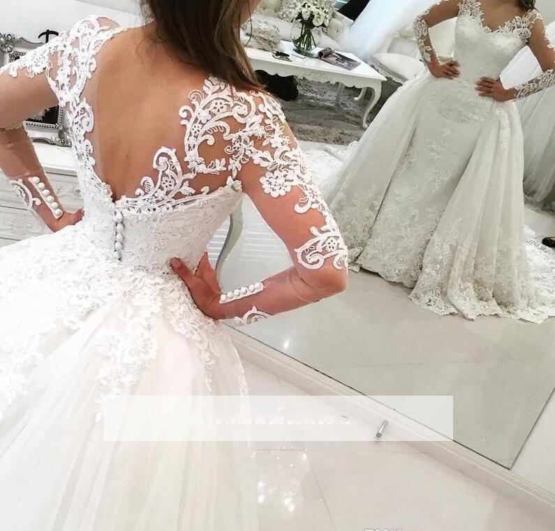 Modest Country Western 2018 Wedding dresses with Detachable Train Lace Long Sleeve Vintage Bridal Gowns Plus Size Vestido de Novia