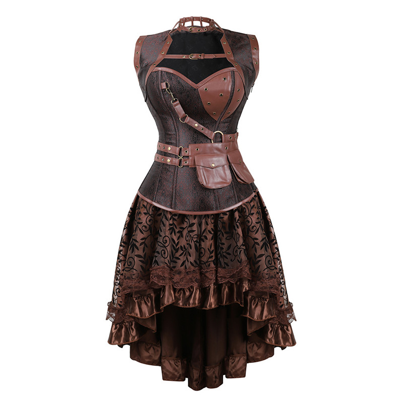 Women Gothic Brown Overbust Underbust Corset Top with A Flocked Floral Lace Hi-lo Skirt 2pcs Set Halloween Cosplay Costume Outfit Plus Size