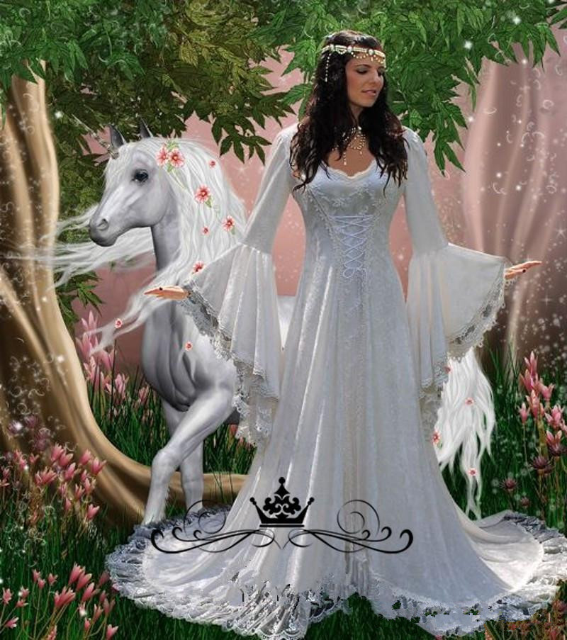 Vintage Lace Gothic Overskirts Wedding Dresses 2019 Plus Size A Line Bell Long Sleeve Bridal Gowns Renaissance Medieval halloween