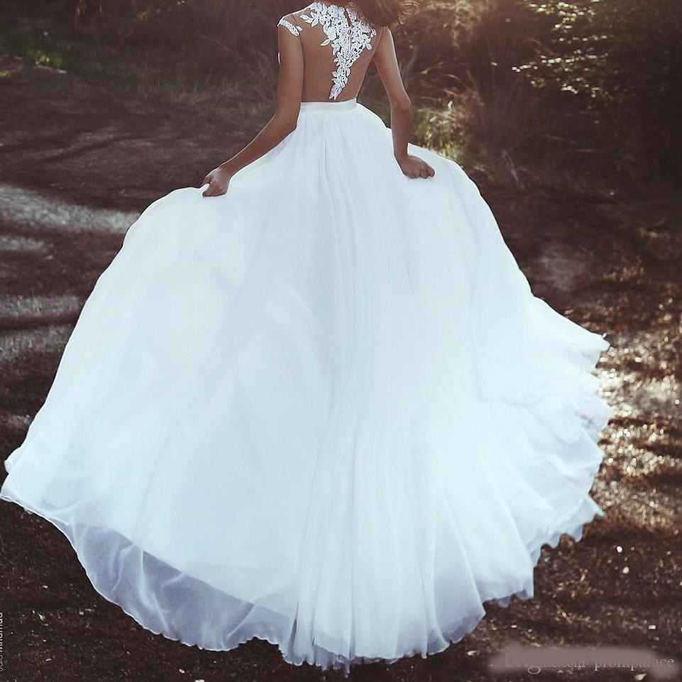 Vintage White Lace Wedding Dresses Illusion Back Sleeveless Bridal Gowns Sweep Train Custom Made Wedding Gowns