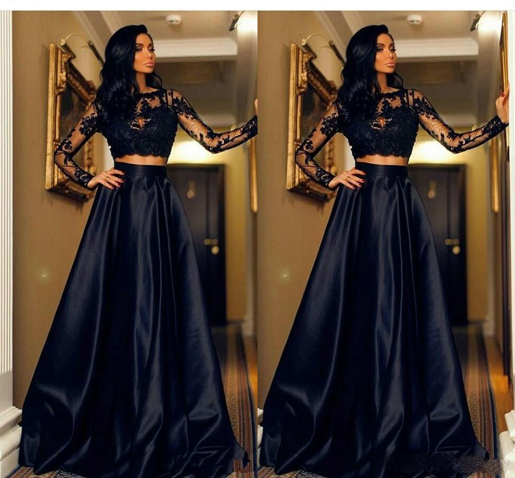 Two Pieces Black Prom Dresses 2019 Long Sleeves Lace Applique Evening Gowns Floor Length Cocktail Party Dresses robes de soirée