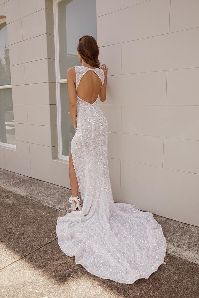 Pallas Mermaid Wedding Dress Lace Beads Backless High Split Vestidos De Novia Sweep Train Plunging Neckline Beach Country Wedding Dress 2020