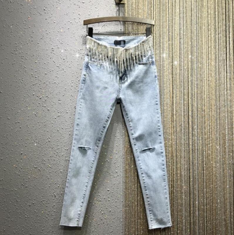 Shiny fringed rhinestone personalized jeans female 2020 spring European style high waist elastic hole denim pencil pants r397, Blue
Shiny fringed rhinestone personalized jeans female 2020 spring European style high waist elastic hole denim pencil pants r397, Blue
