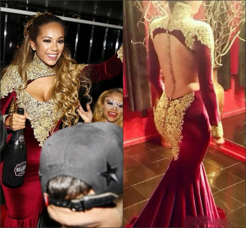 African Arabic Mermaid Prom Dresses Long Sleeve Gold Lace Appliqued High Collar Evening Dress Backless Sexy Party Gowns robes de soirée