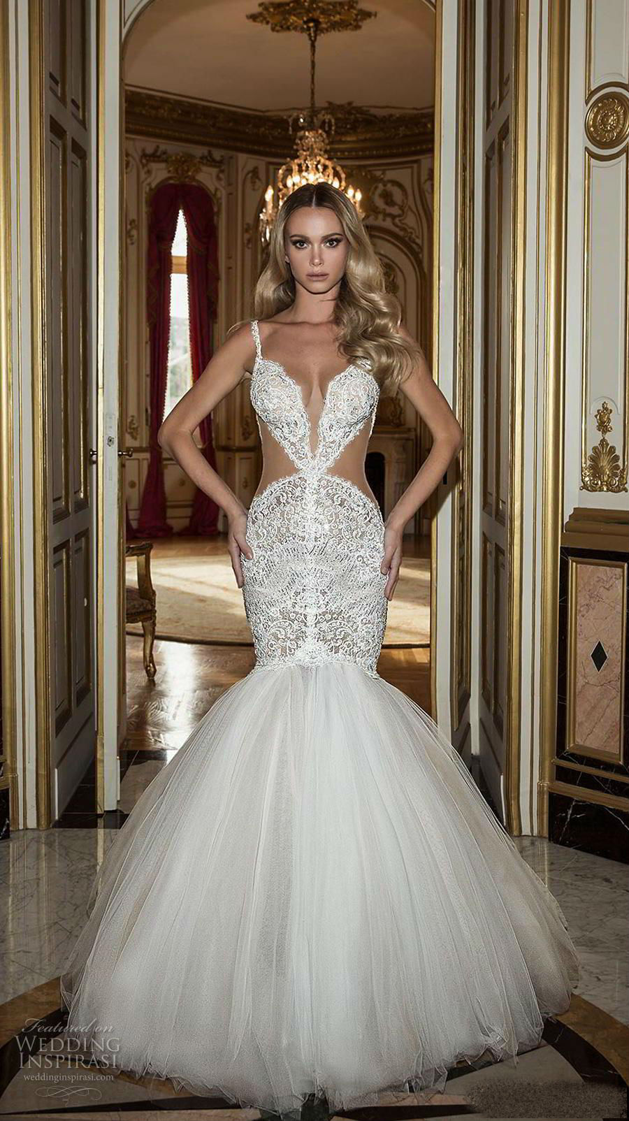 2019 Oved Cohen Wedding Dresses Cutaway Sides Sexy Spaghetti Lace Sequined Mermaid Wedding Dress Tulle Bridal Gowns Custom Made