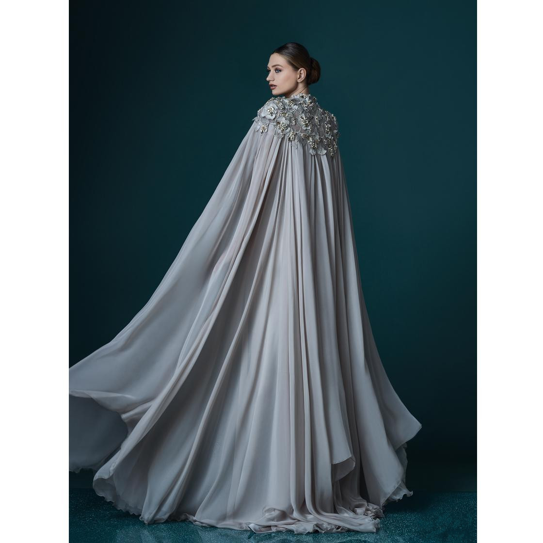 elegant split prom dresses gray chiffon long cloak lace appliqued beads formal evening gowns sexy vintage vestidos party pageant dress