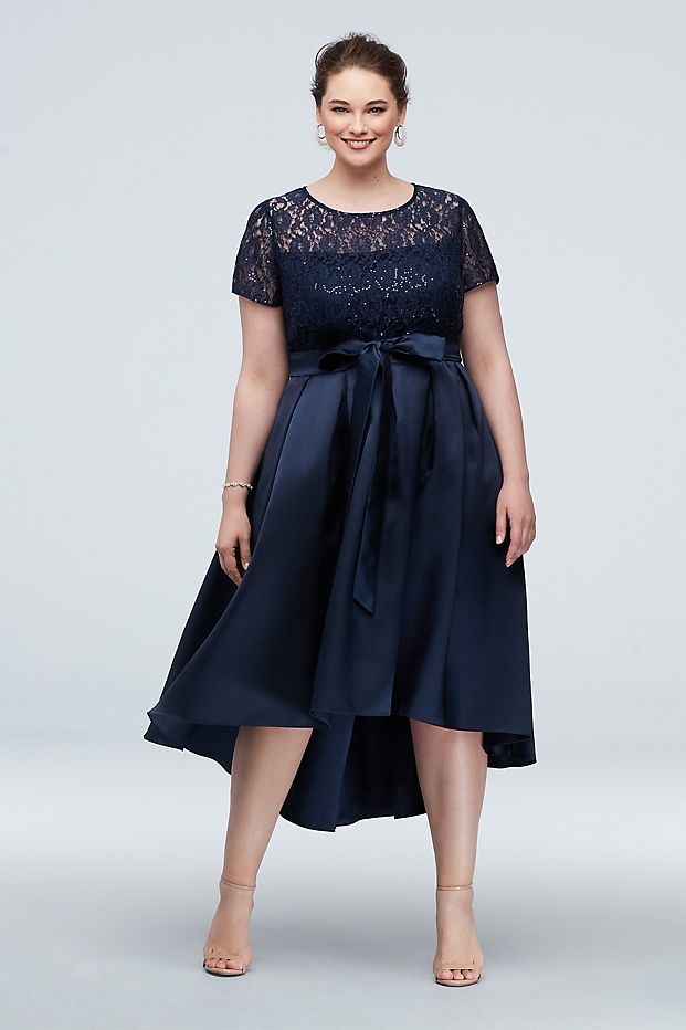 High Navy Blue Low Lace Plus Size Prom Dresses A Line Sheer Jewel Neck Sequined Evening Gown Short Sleeves Satin Formal Dress
