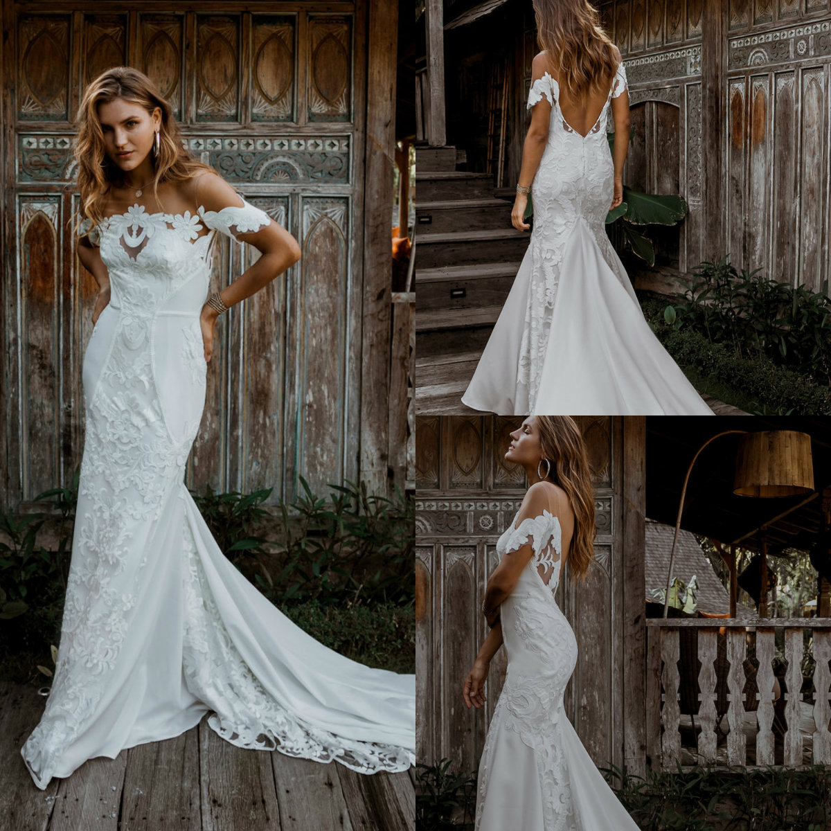 2019 Lace Country Wedding Dresses Off Shoulder Appliques Sweep Train Backless Wedding Dress Custom Made Beach Bridal Gowns Boho Style