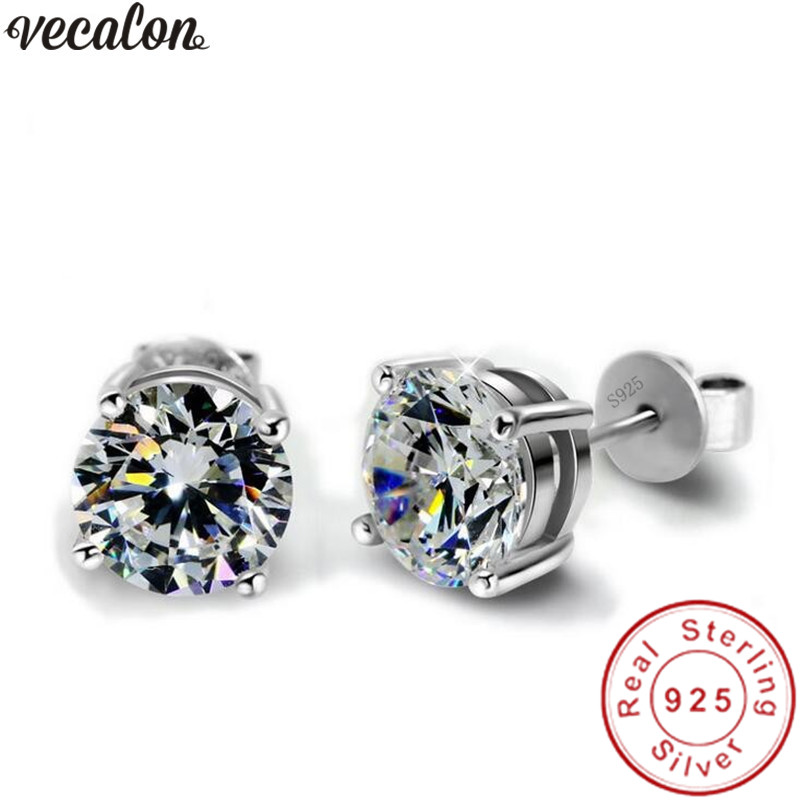 Vecalon Handmade 4 claws earring 3ct Dianond 925 Sterling silver Engagement wedding Stud Earrings for women men