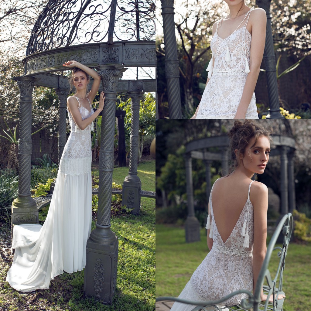 new limor rosen bohemian tassel wedding dresses a line v neck lace bridal dress boho sweep train chiffon beach bridal gowns