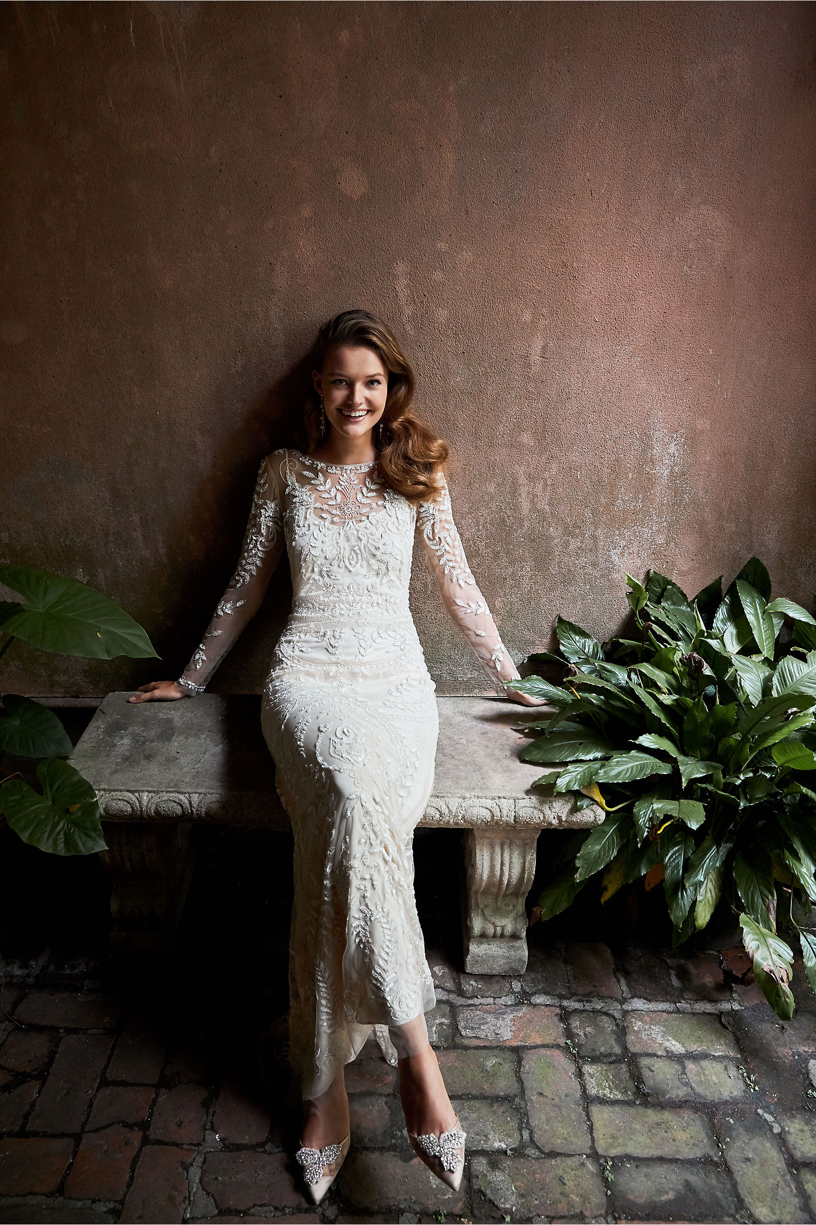 2019 Bhldn Mermaid Wedding Dresses Jewel Neck Ankle Length Lace Appliqued Bead Long Sleeves Wedding Dress Custom Elegant Bridal Gowns Garden