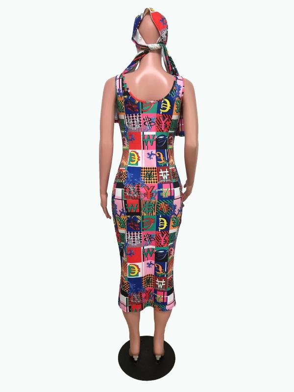 summer women letter print sleeveless knee length midi bodycon dress sexy nigth club party dresses vestidos head scarf GL51601