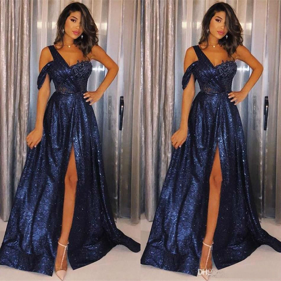 Royal Blue Sequined Prom Dresses Thigh High Slits 2019 One Shoulder A Line Plus Size Evening Dress robes de soirée