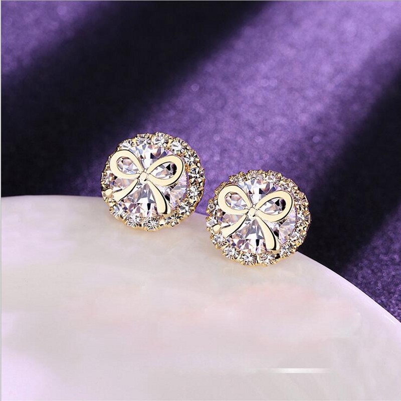 Sterg Sier Gold Filled Round Cubic Zirconia Stud Earrings for Women