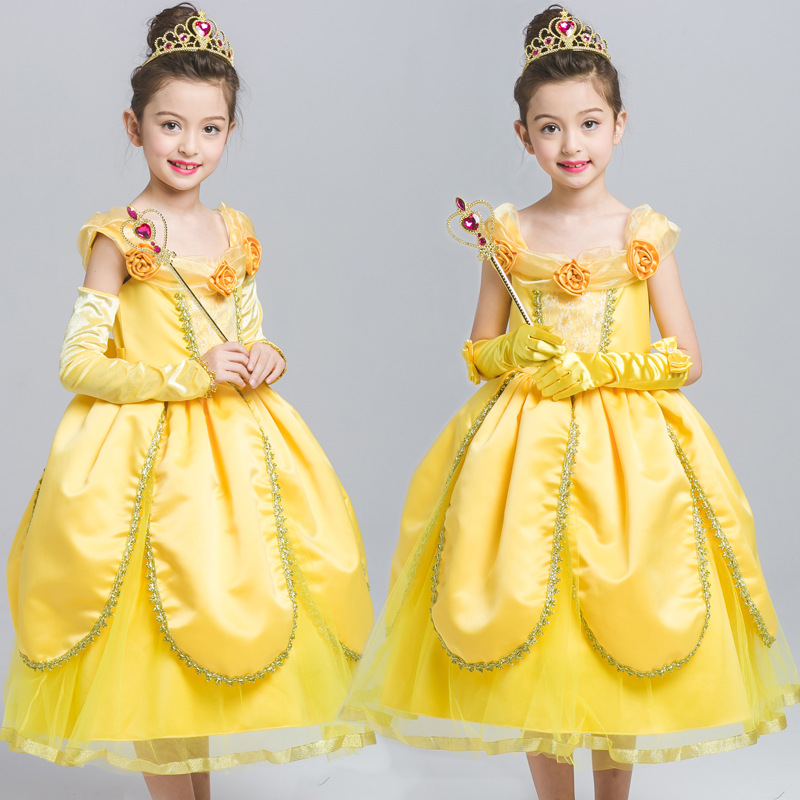 

Retail girls pageant dresses Kids Puff Sleeve Petal flower princess yellow dress Children party costume cosplay prom dress clothes 50% off