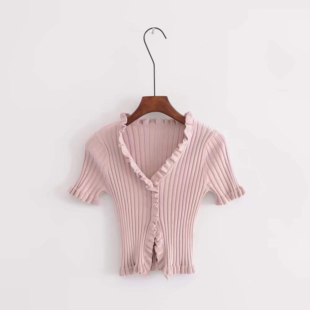 2019 Autumn Knit Sweater Female Women Ruffle Trim Crop Knit Cardigan With Short Sleeve Deep V Neck Crop Casual Jumper Pu