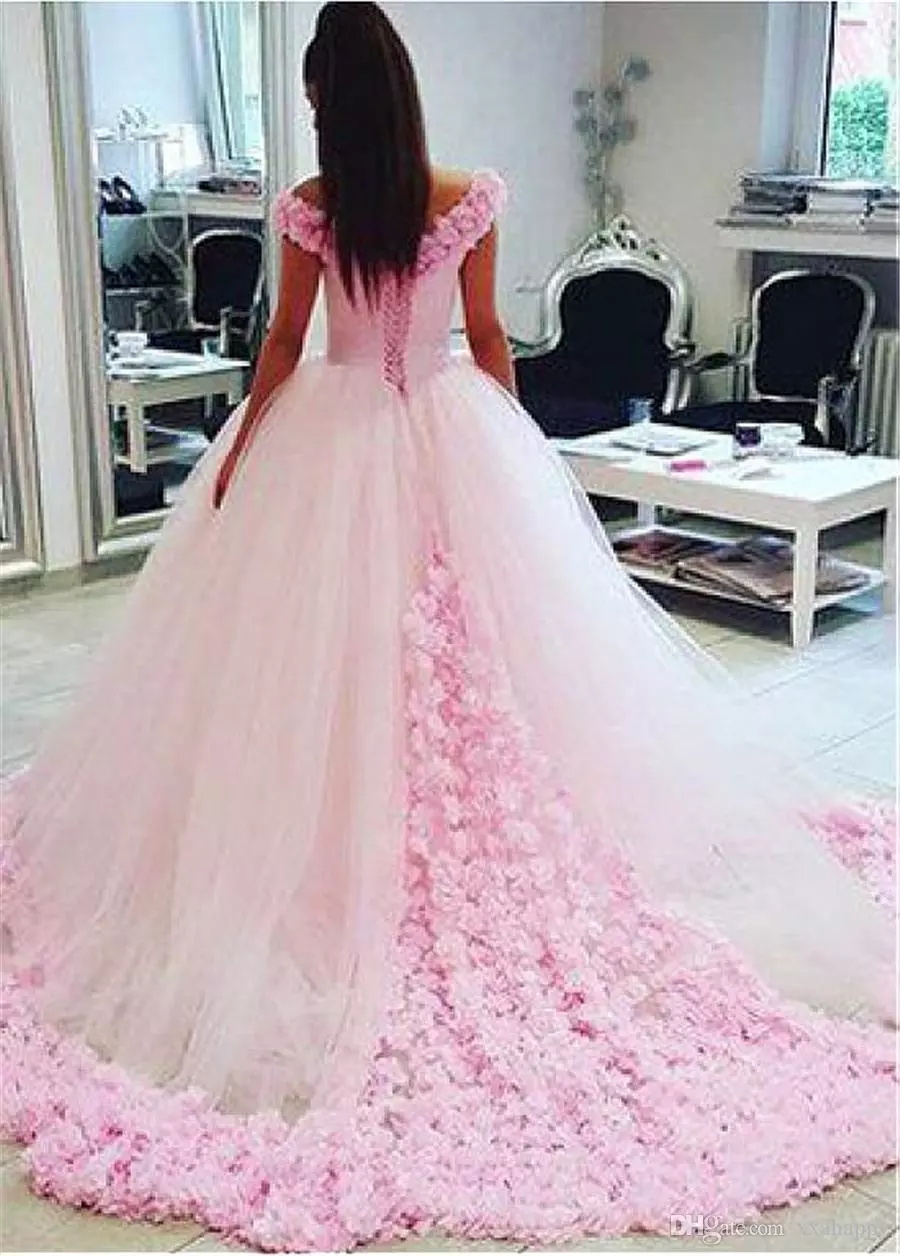 Pink Quinceanera Dresses Off Shoulder Lace 3D Floral Flower Sweep Train Lace Up Back Prom Dress Custom Made Girls Evening Gowns