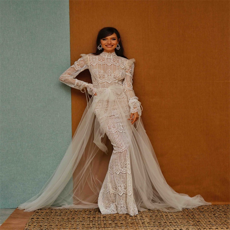 Sexy High-slit Backless Overskirt Mermaid Wedding Dresses Applique Lace Bow Beach Bridal Gown High-neck Long Sleeve Sweep Train Bridal Dress