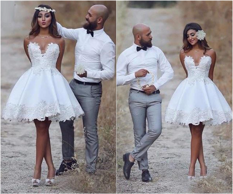 Sweetheart Lace Satin Above Knee Length Bridal Gowns Custom Sexy Short Beach Country A-Line Wedding Dresses Bridal Dresses Cheap