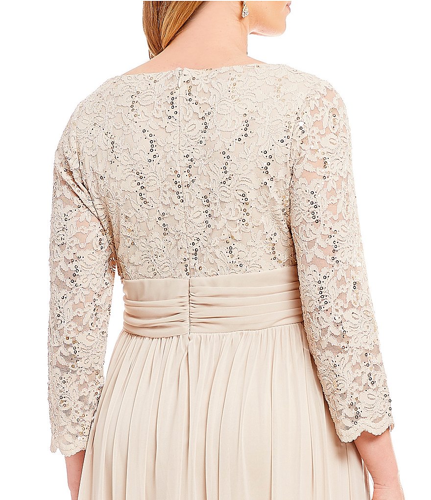 Plus Size Mother Of The Bride Dresses V Neck Long Sleeves Floor Length Lace Sequins Chiffon Wedding Guest Dress For Mom Evening Gowns