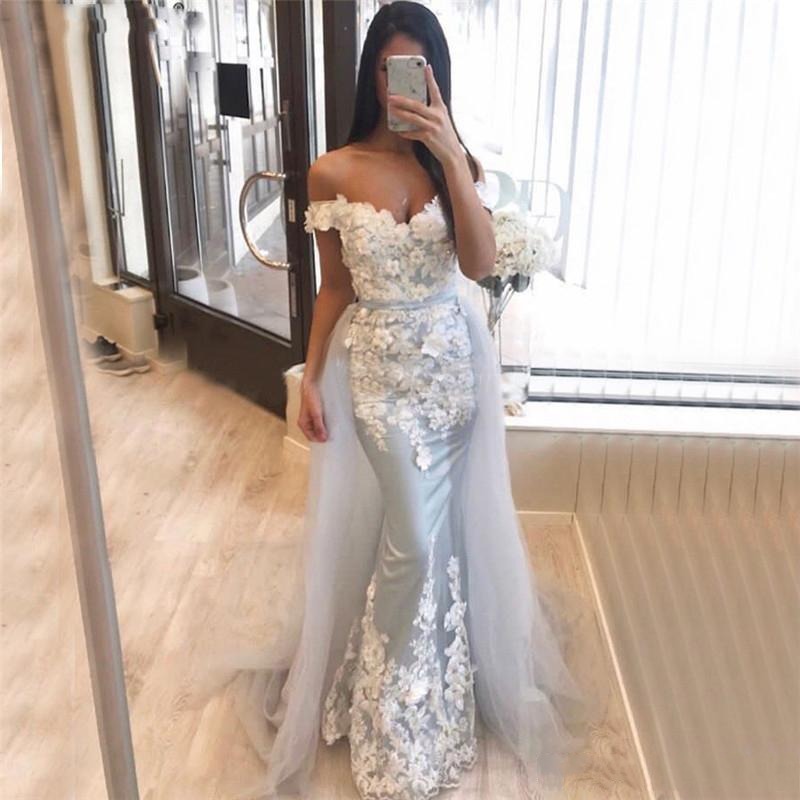 Beaded Ful Mermaid Prom Dresses With Detachable Off The Shoulder 3D Appliqued Formal Dress Court Train Satin Evening Gowns