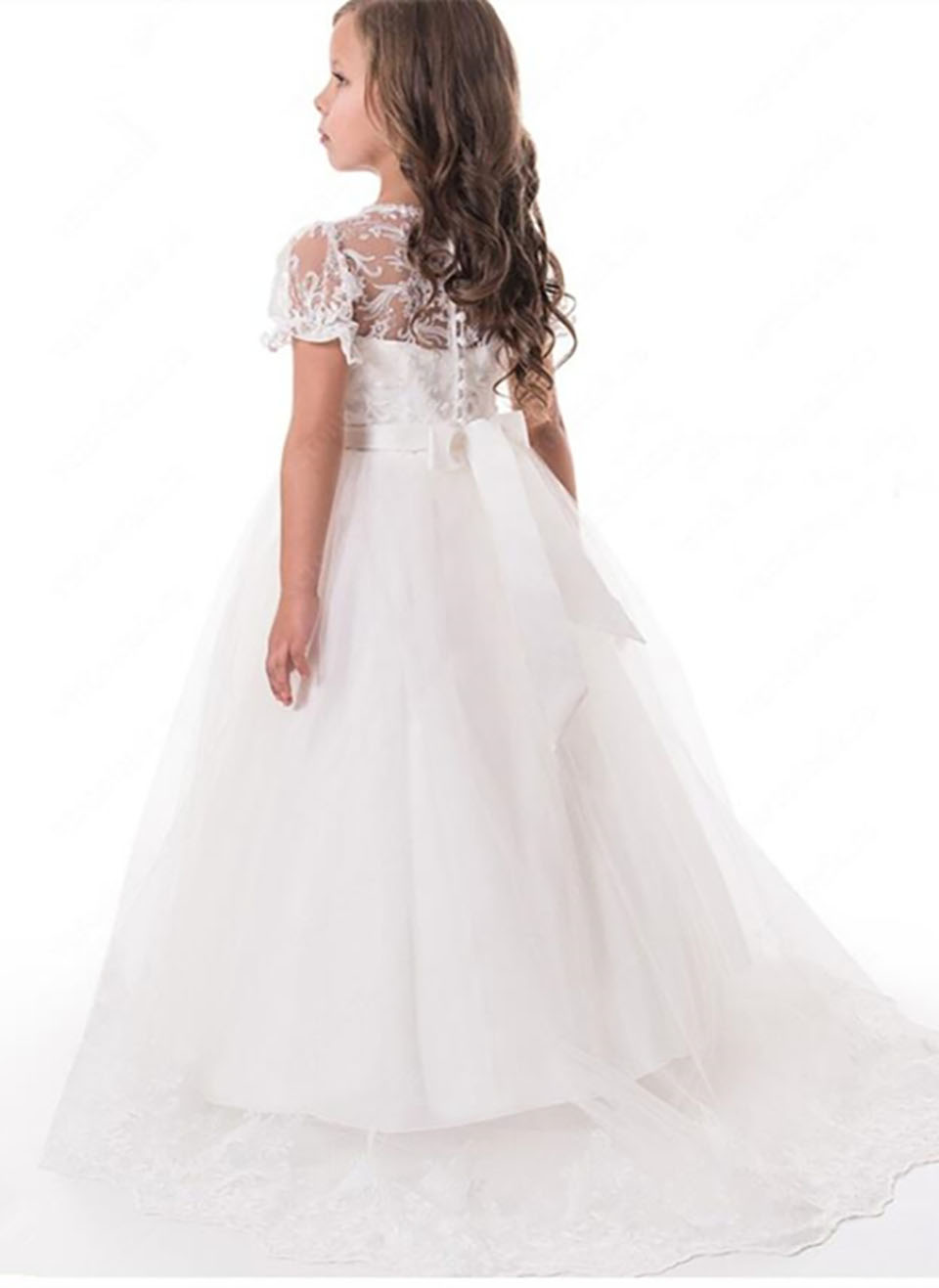 Lace Short Sleeve Flower Girls Dresses Long Children Graduation Gowns Back Bow Ivory Girls Party Dress