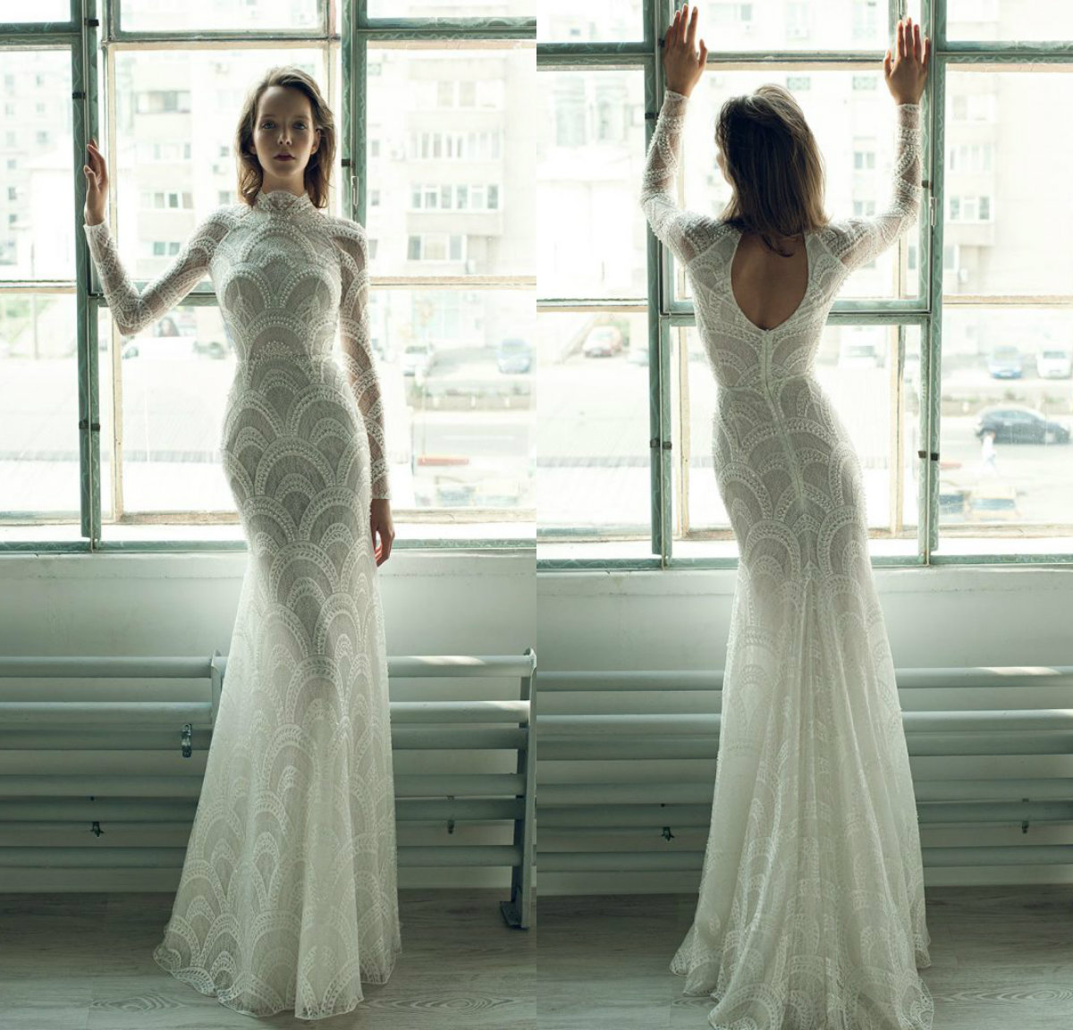 Ersa Atelier Mermaid Dresses High Neck Lace Hollow Back or Length Beach Wedding Dress Custom Pearls Long Sleeve Bridal Gowns