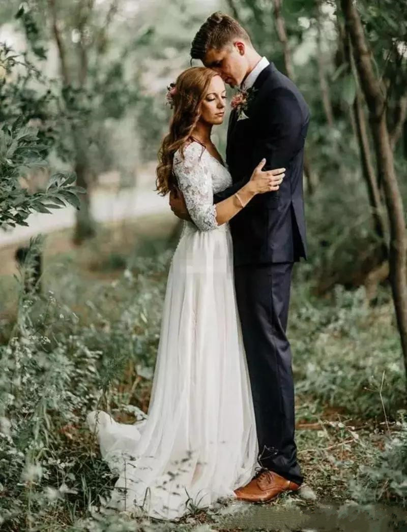Vintage Backless Wedding Dresses Forest Sheath Long Sleeves Country Bridal Gowns V Neck Lace Chiffon Cheap Bohemian Plus Size Wedding Dress