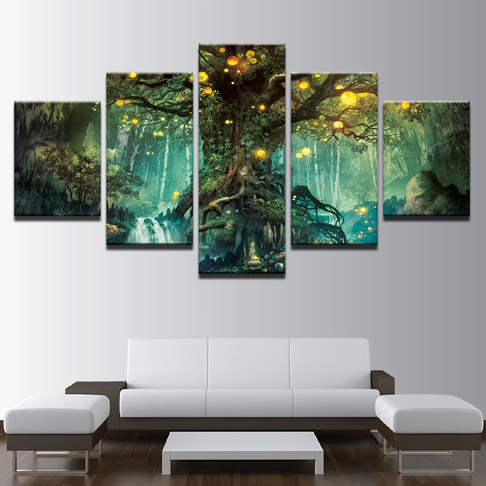 HD Printed Home Decor Paintings On Canvas Wall Art 5 Pieces Enchanted Tree Scenery Modular Vintage Pictures For Living Room No Frame