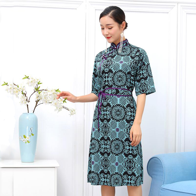 Elegant Traditional cheongsam Women mongolian Costume National dress half sleeve summer robe retro pattern ethnic clothing