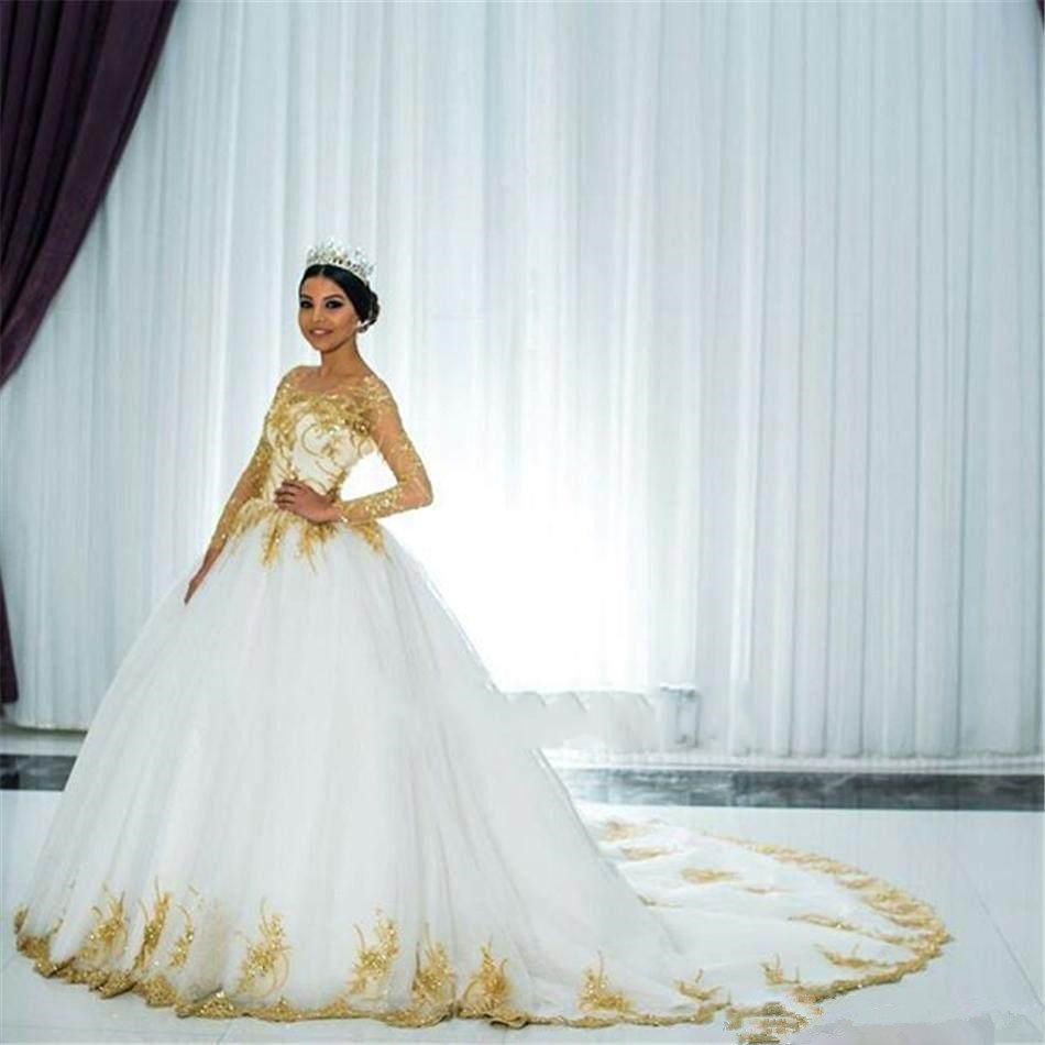Sparkly Luxury Gold Lace Wedding Dresses with Long Sleeve 2020 Sheer O-neck Lace-up Back Sweep Train Princess Bride Wedding Gown