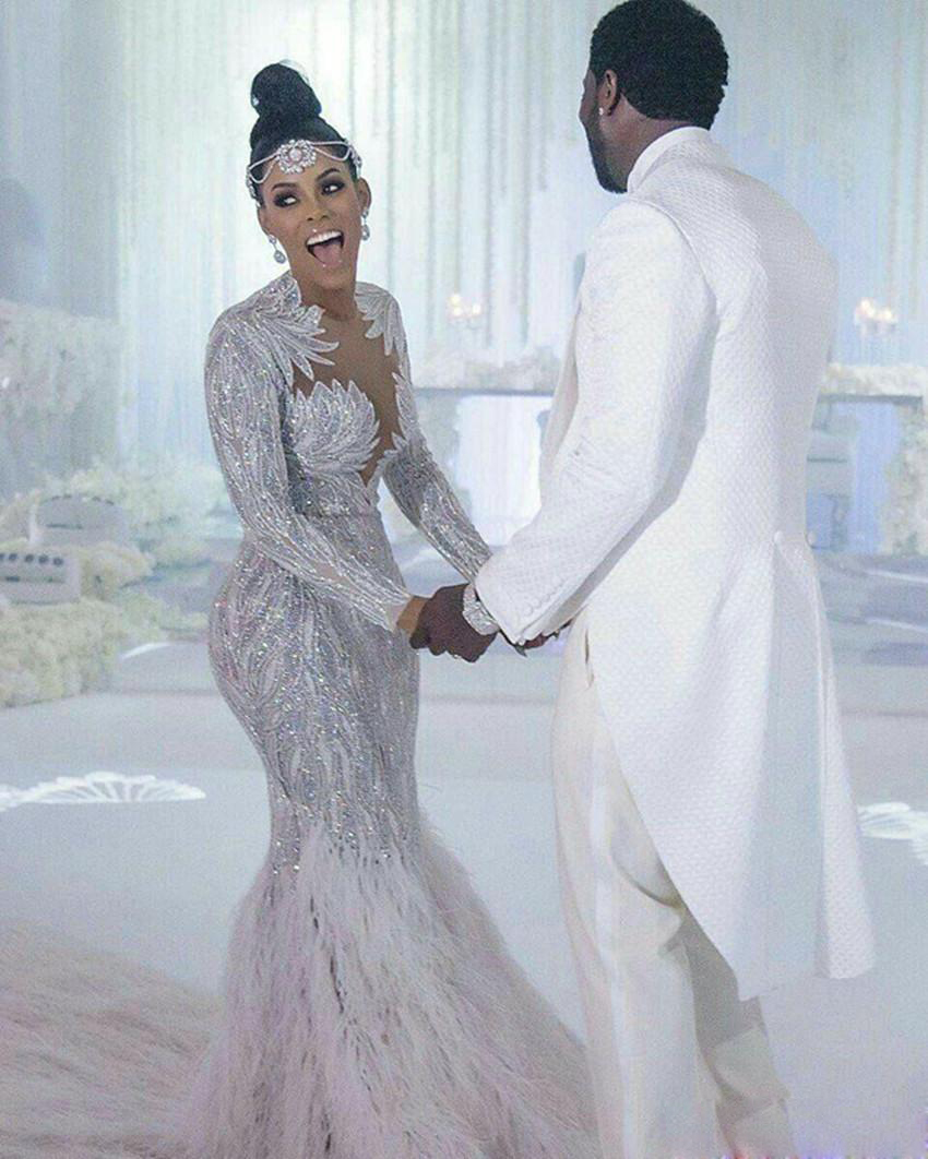 2020 Luxury Arabic Mermaid Wedding Dresses Jewek Neck Beading Sequins Trumpet Wedding Dress Long Sleeve Feather Vestidos De Novia Bride