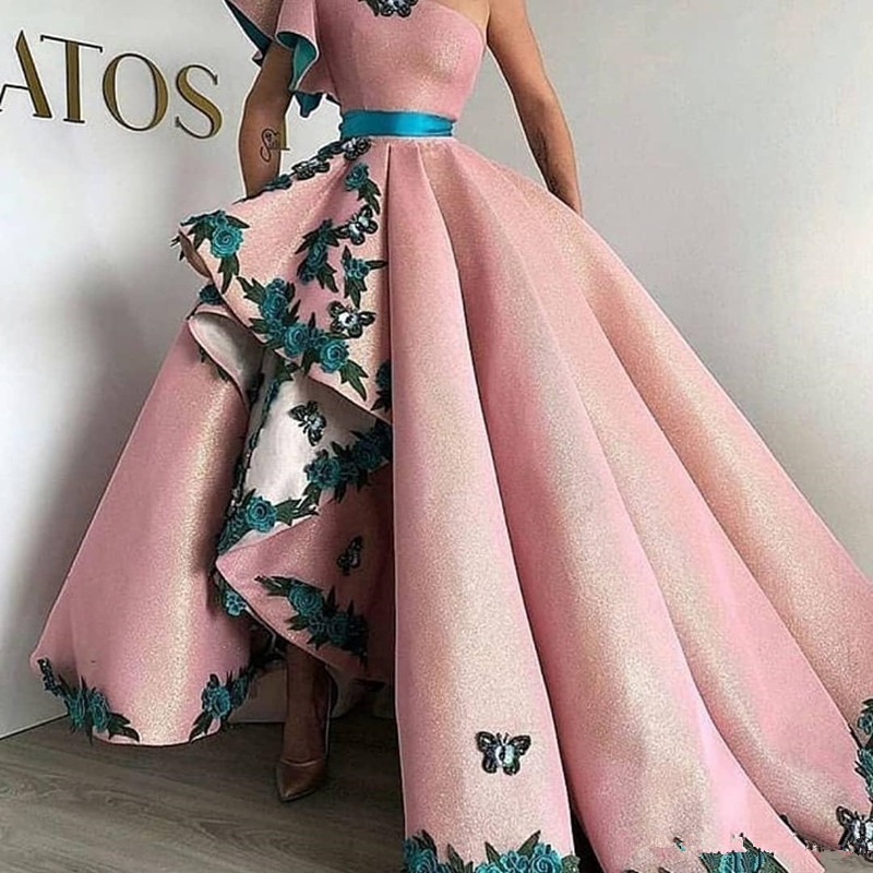 Shinning Ball Gown Pink Evening Gowns Long Party Dress 3D Applique Lace-up Sexy One Shoulder prom Dresses robe de soiree Abendkleider