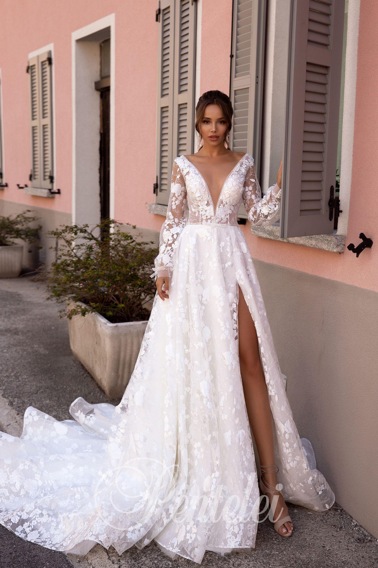 Sparkly Pentelei 2020 Long Sleeve Wedding Dresse High Side Split Bridal Gowns V Neck Lace Appliqued Country Garden Robes De Mariée