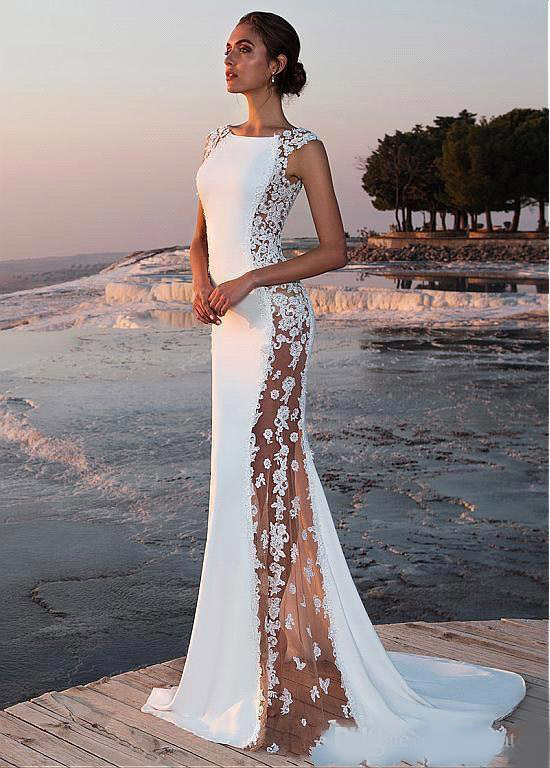 2020 Beach Garden Long Lace Wedding Dress Illusion Back Sleeveless Mermaid Bridal Gowns Custom Vestidos De Noiva