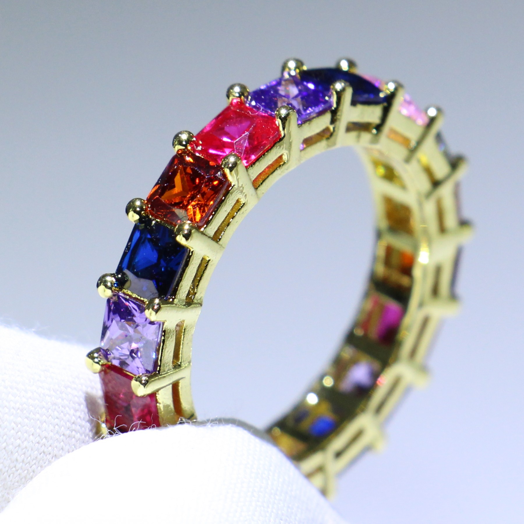 Size 5-10 New Arrival Hot Sale Luxury Jewelry 925 Sterling Silver&Gold Fill Princess Cut Multi Topaz CZ Diamond Seven Color Women Band Ring